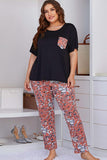 Plus Size Contrast Round Neck Tee and Floral Pants Lounge Set Lingerie & Nightwear