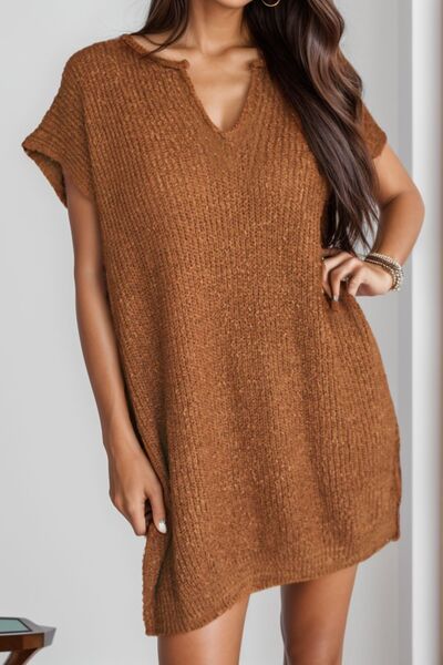 Notched Cap Sleeve Mini Sweater Dress Dresses