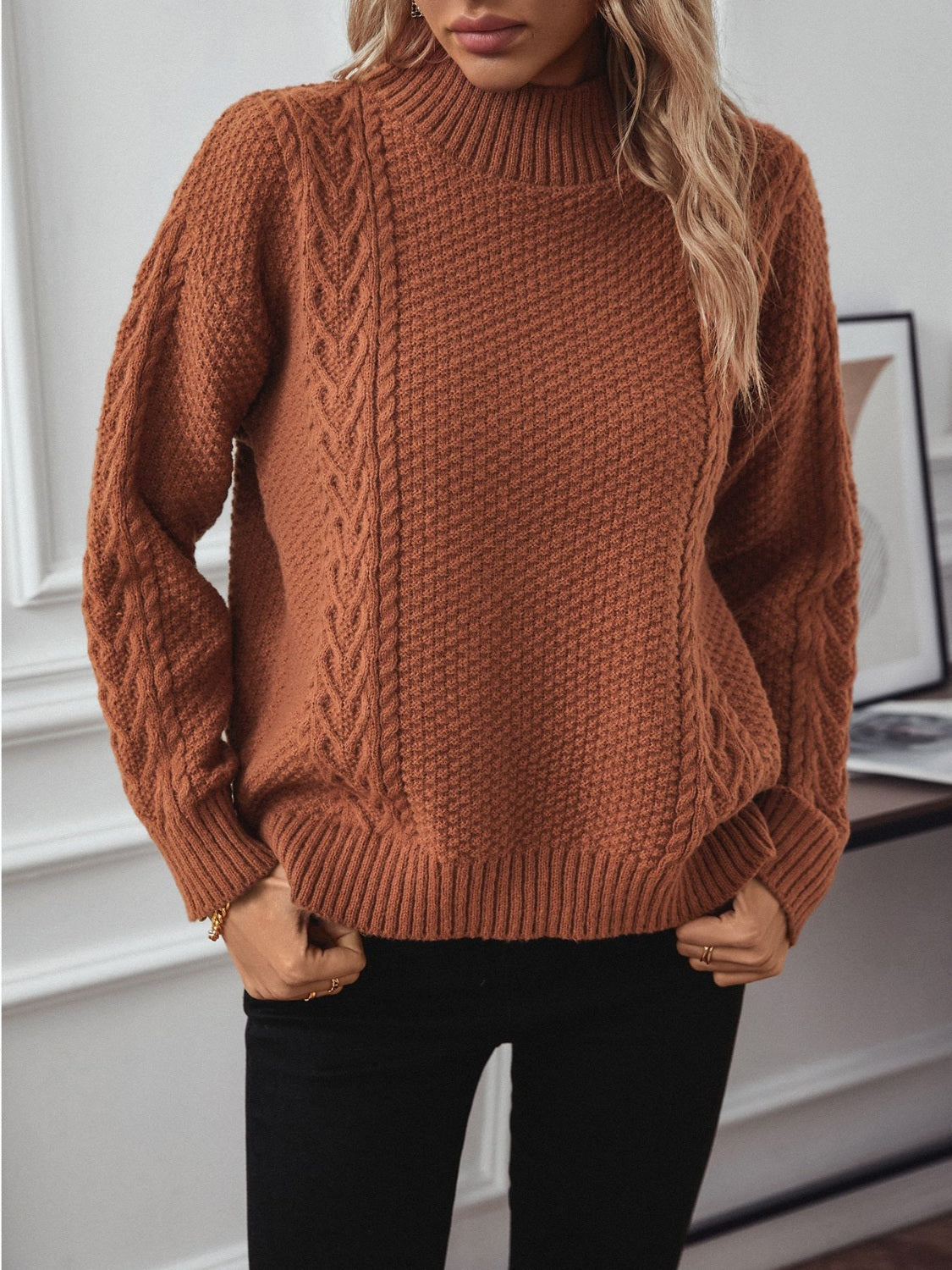 Cable-Knit Mock Neck Long Sleeve Sweater 