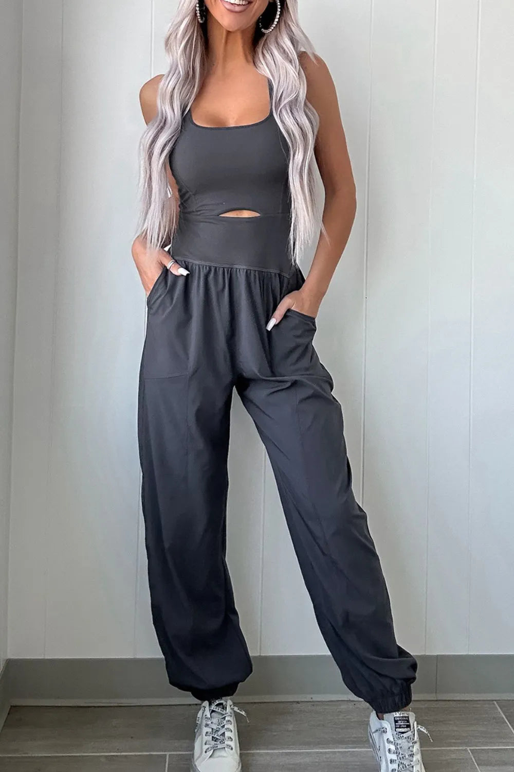 Cutout Square Neck Wide Strap Active Jumpsuit 