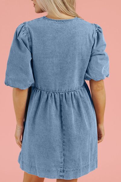 Bowknot Round Neck Half Sleeve Denim Dress Dresses