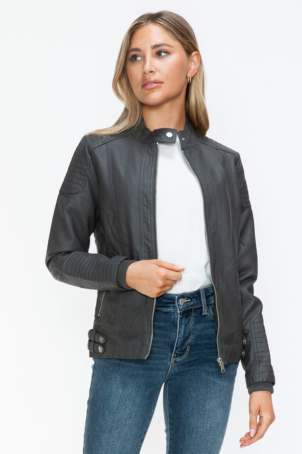 Snobbish Faux Leather Biker Jacket with Side Zip Pockets 