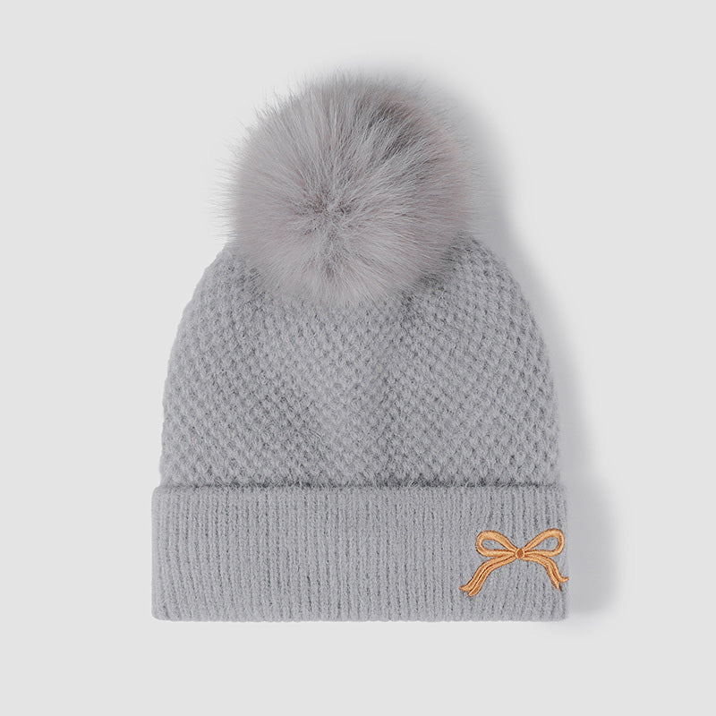 Thermal Bow Knit Hat with Pompom 