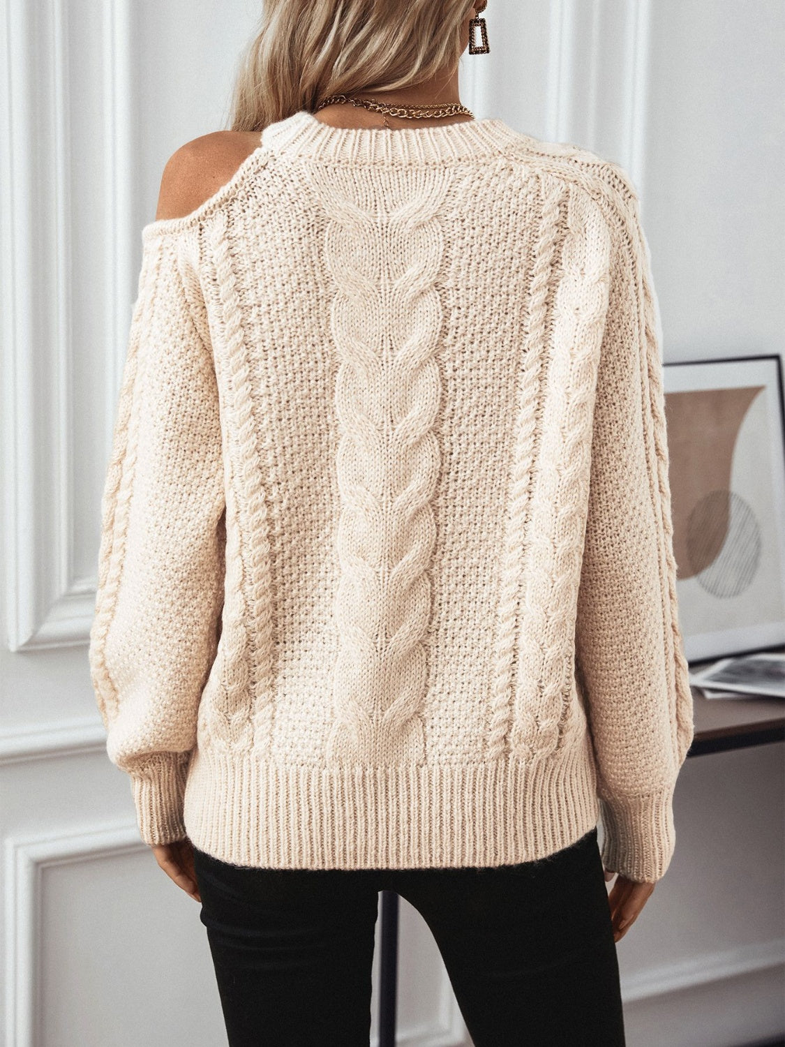 Cable Knit Round Neck Cold Shoulder Sweater 