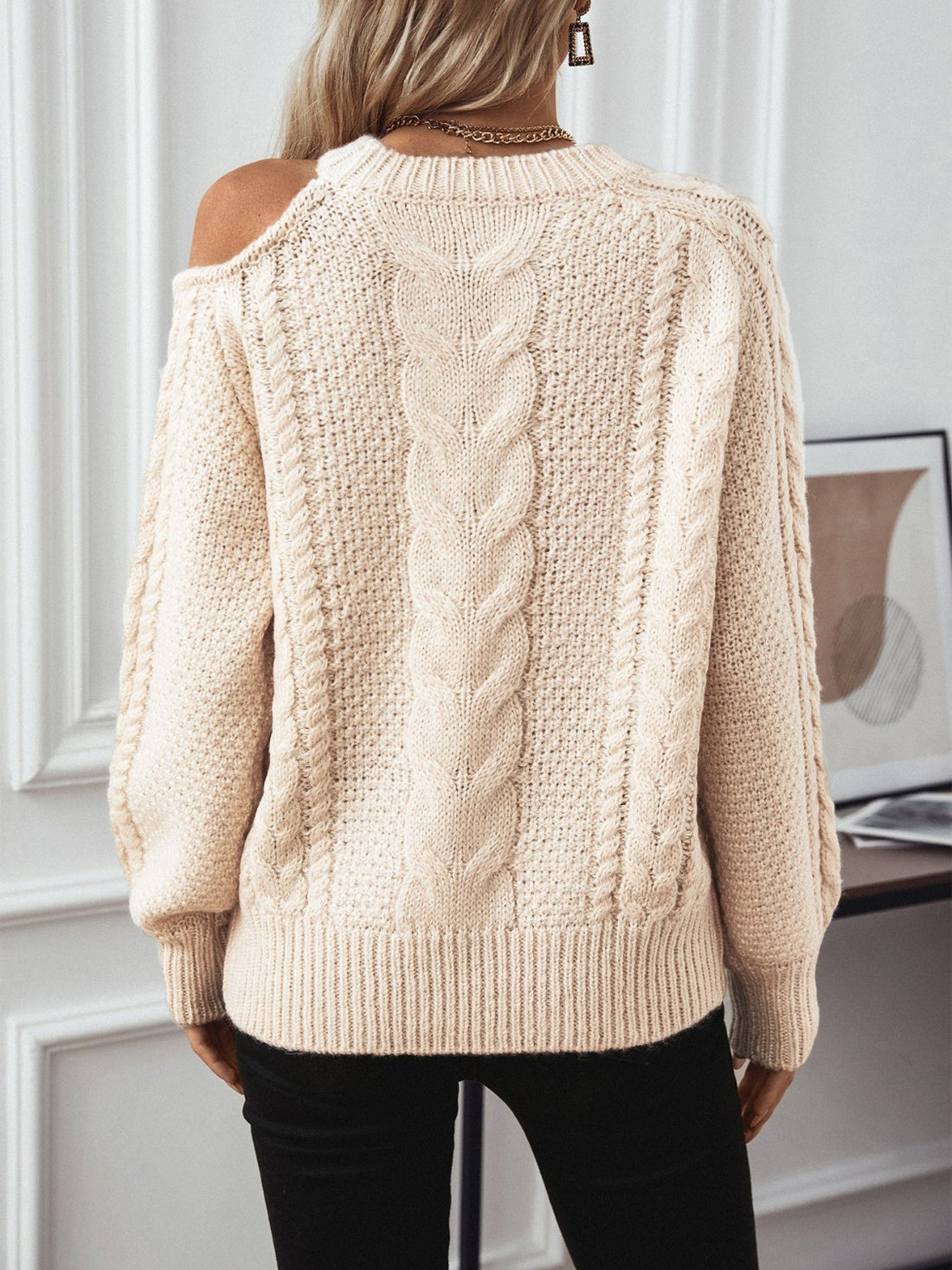 Cable Knit Round Neck Cold Shoulder Sweater 