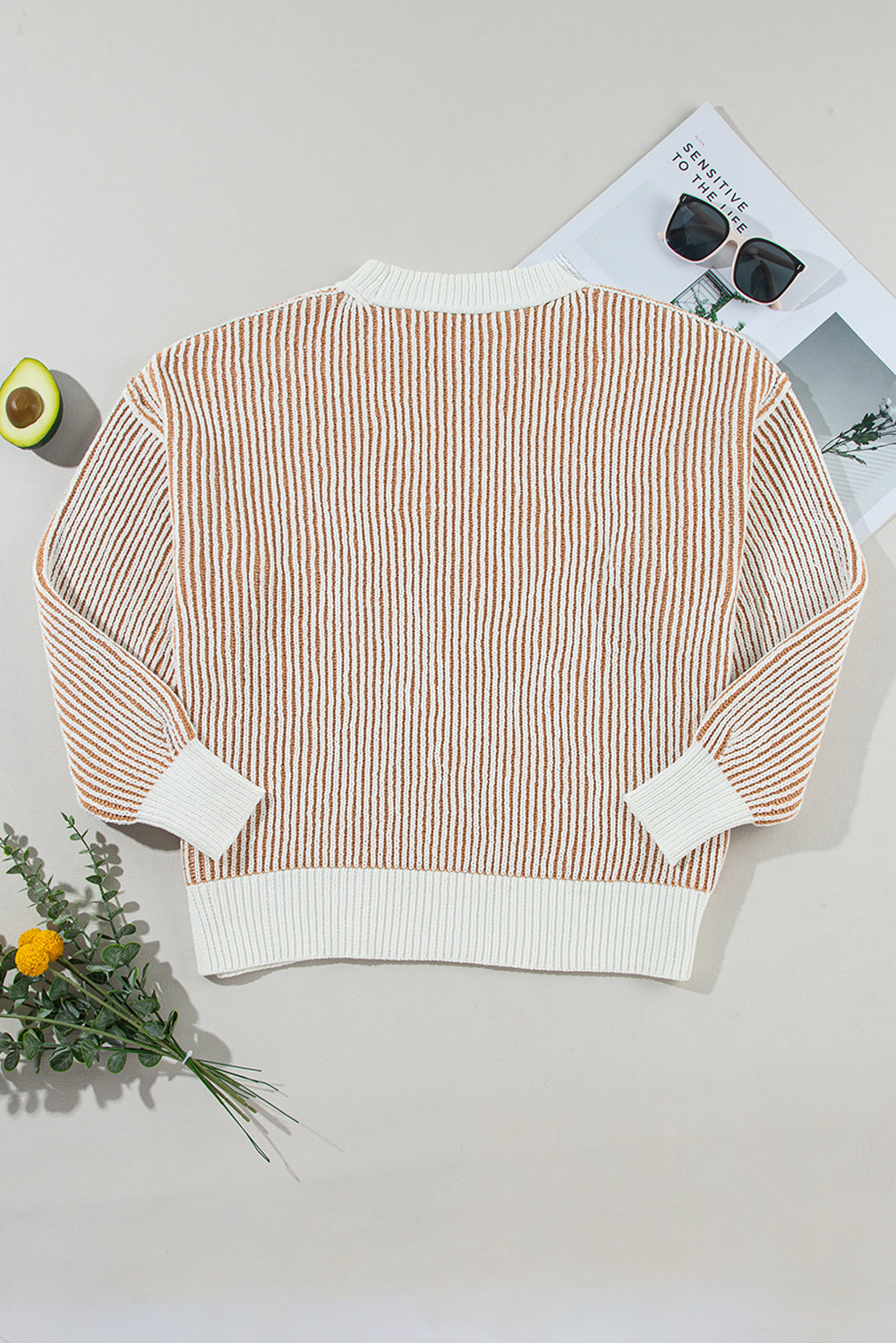 Chestnut Striped Textured Knit Contrast Edge Loose Sweater Sweaters & Cardigans/Sweaters