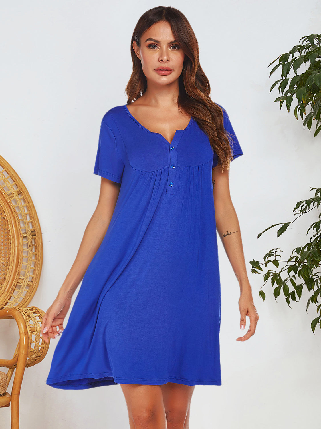 Notched Short Sleeve Mini Lounge Dress 