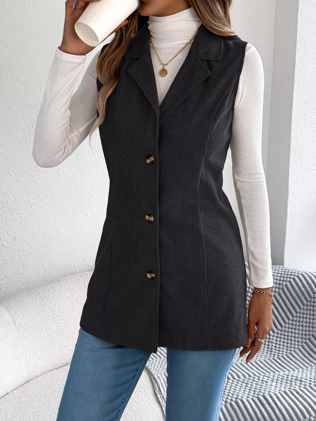 Button-Front Longline Vest Coat 