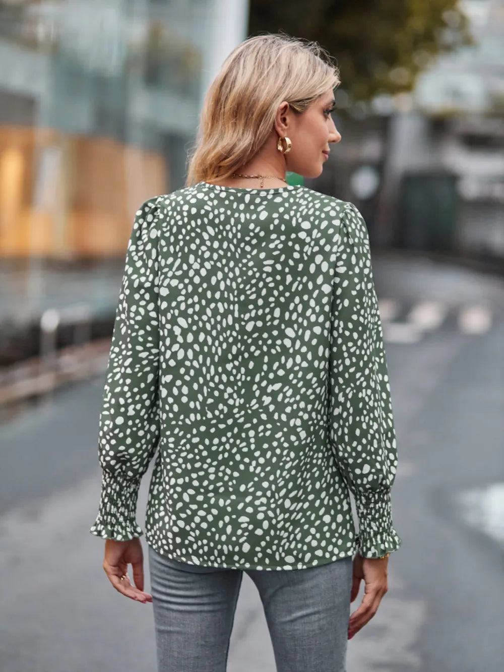 Printed V-Neck Lantern Sleeve Blouse 