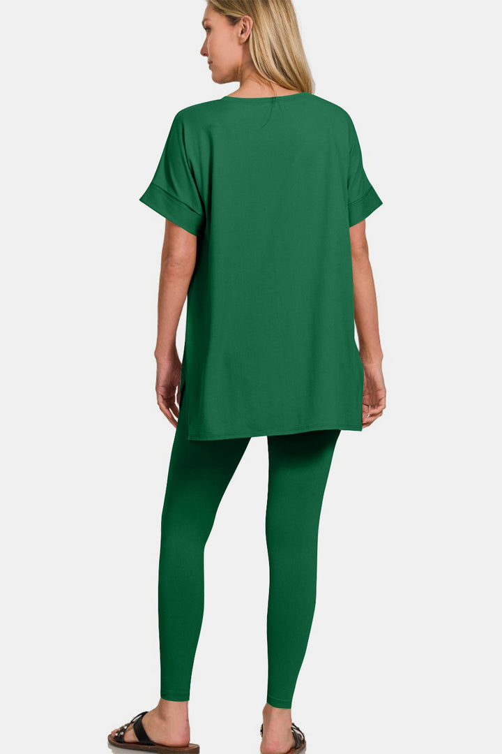 Zenana V-Neck Rolled Short Sleeve T-Shirt and Leggings Lounge Set 