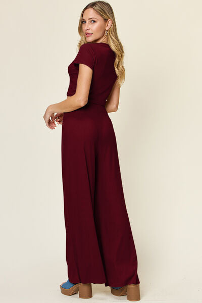 Double Take Full Size Round Neck Top and Pants Set 
