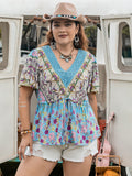 Plus Size Ruched Lace Detail Printed V-Neck Short Sleeve Blouse 