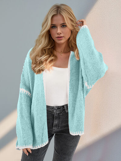 Double Take Contrast Open Front Dropped Shoulder Cardigan 