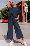 Gray Textured Loose Fit T Shirt and Drawstring Pants Set Two Piece Sets/Pant Sets