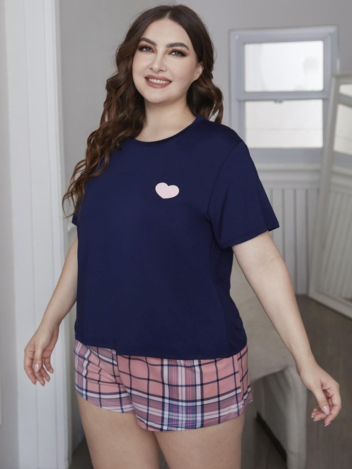 Plus Size Heart Graphic Top and Plaid Shorts Loungewear Set Lingerie & Nightwear