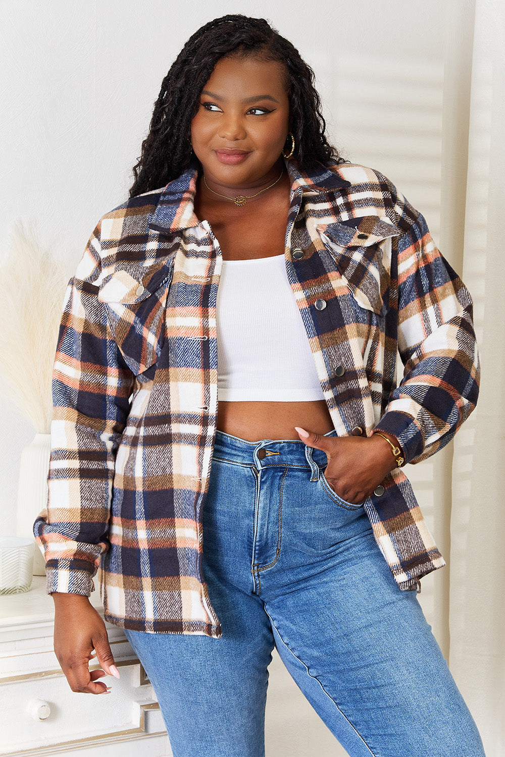 Double Take Plaid Button Front Shirt Jacket with Breast Pockets 