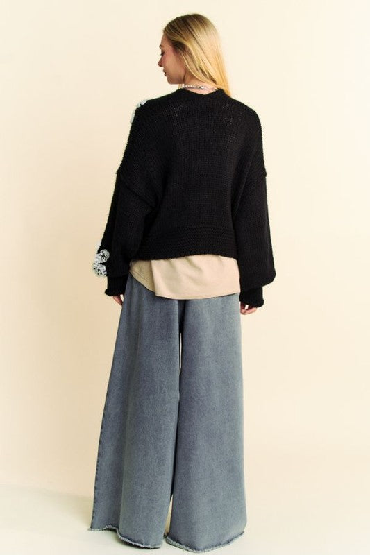 Davi & Dani Floral Applique Open Front Dropped Shoulder Cardigan 