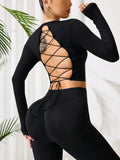 Lace-Up Back Round Neck Top and Leggings Active Set 