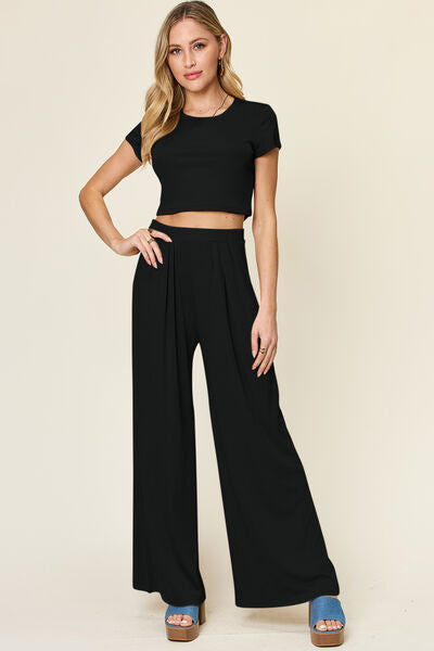Double Take Full Size Round Neck Top and Pants Set 