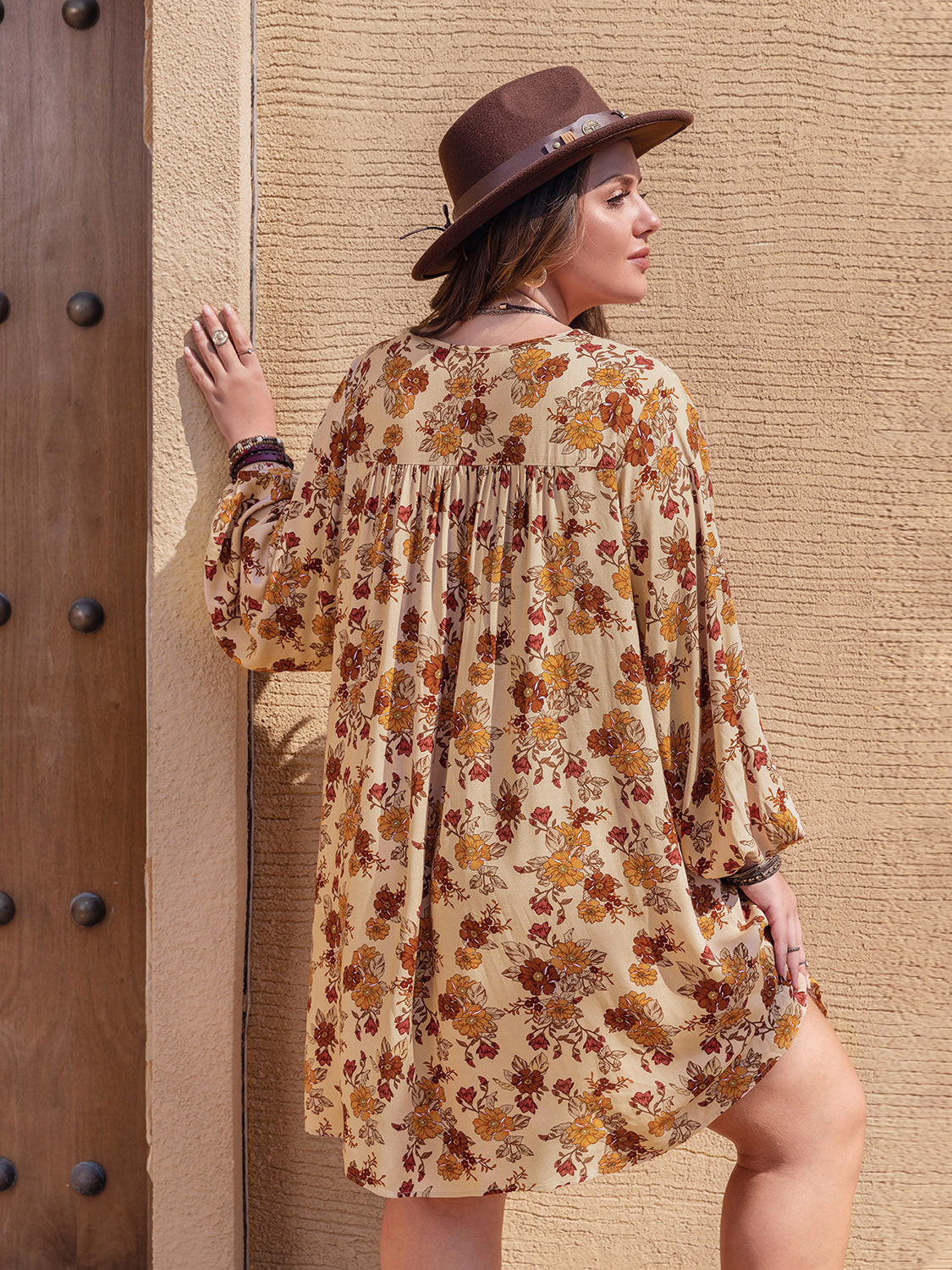 Plus Size Printed V-Neck Balloon Sleeve Mini Dress 