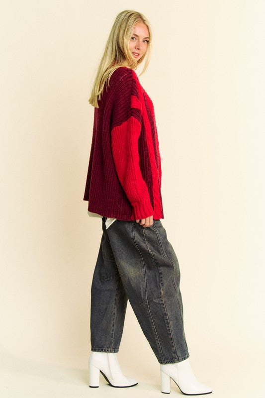 Davi & Dani Cable-Knit Color Block Open Front Cardigan 