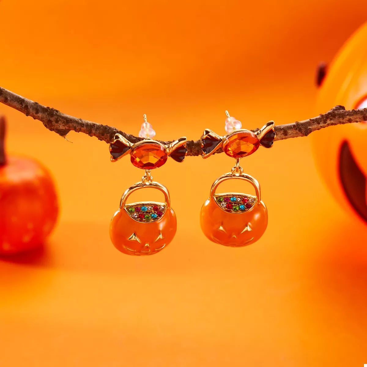 Halloween Rhinestone Pumpkin Dangle Earrings 
