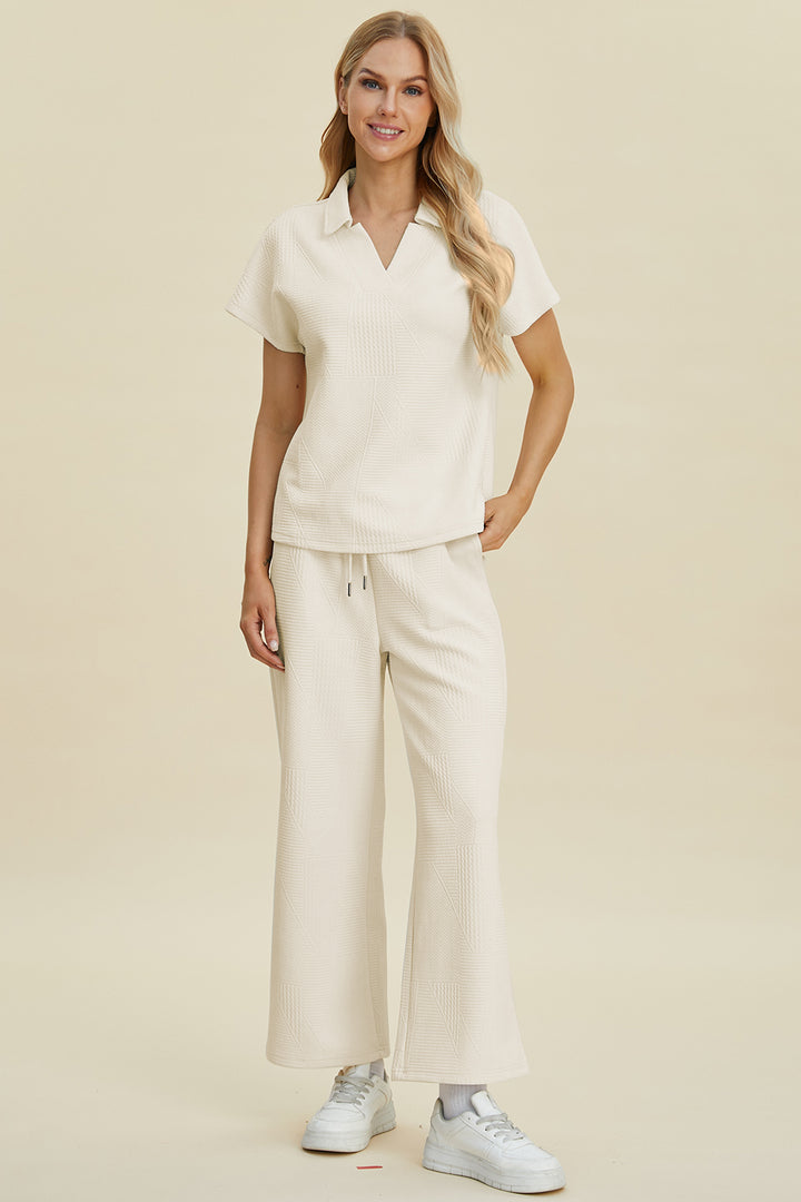 Double Take Full Size Collared Neck Short Sleeve Top and Pants Set 
