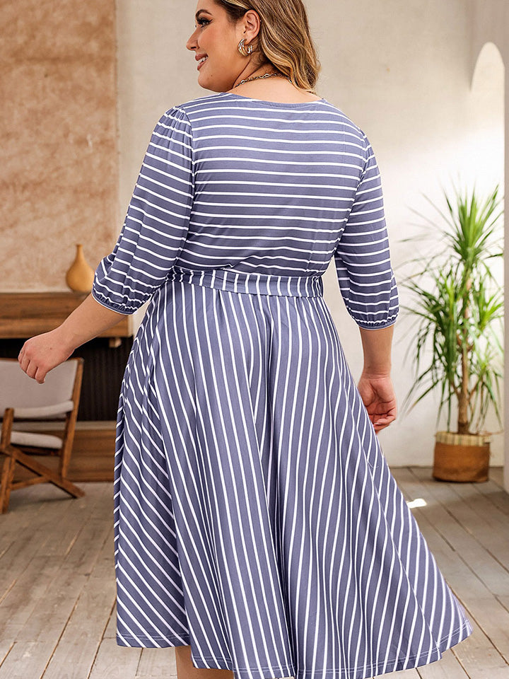Plus Size Round Neck Striped Tie Waist Dress 