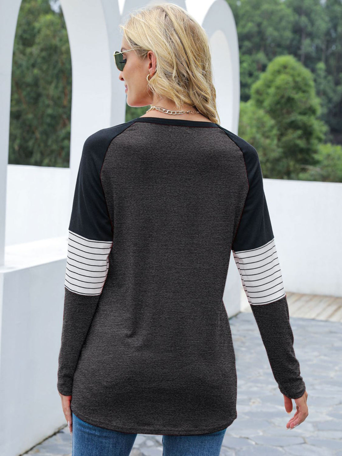 Contrast Striped Round Neck Long Sleeve T-Shirt 