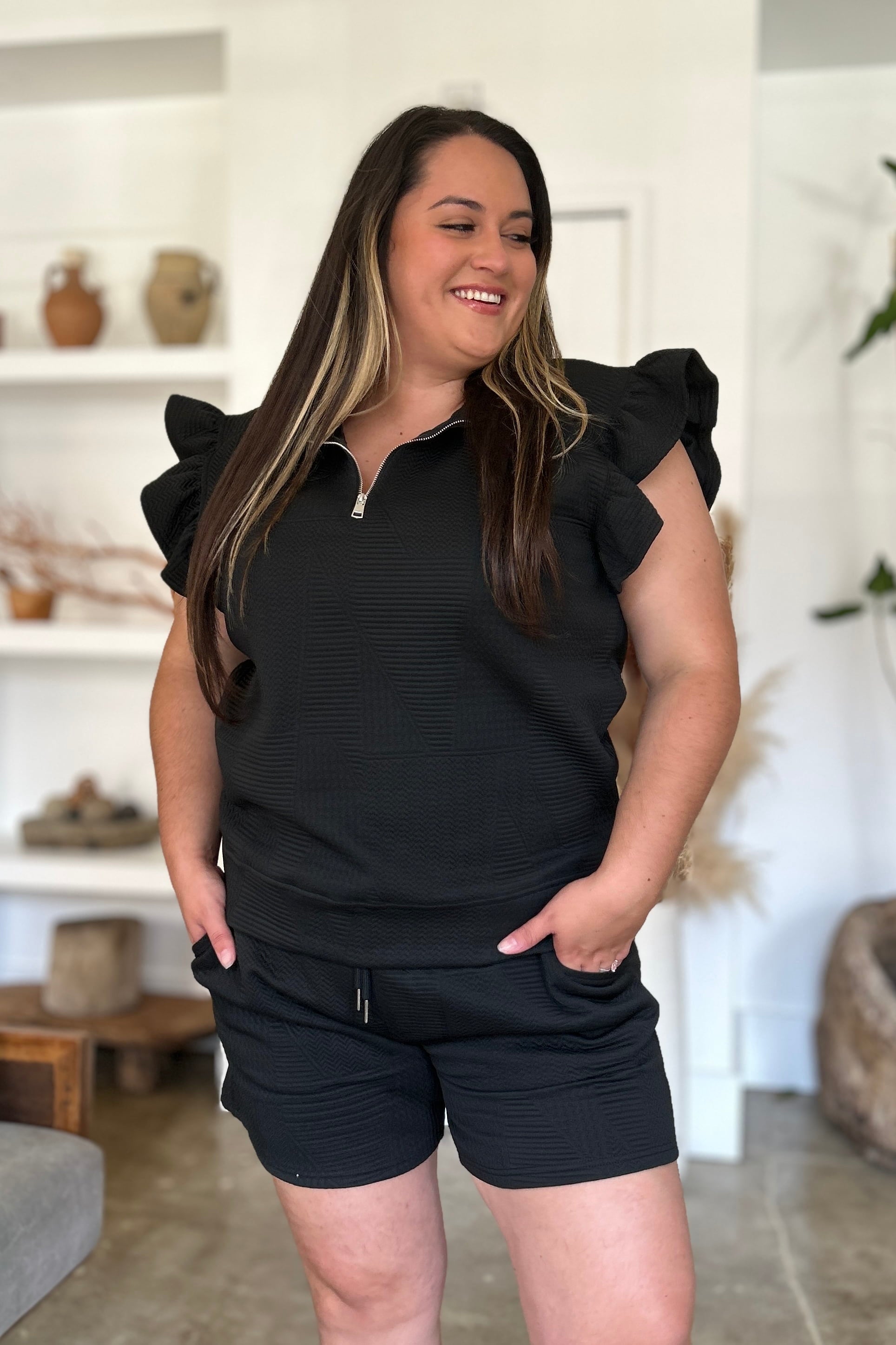 Double Take Full Size Texture Flounce Sleeve Top and Shorts Set 