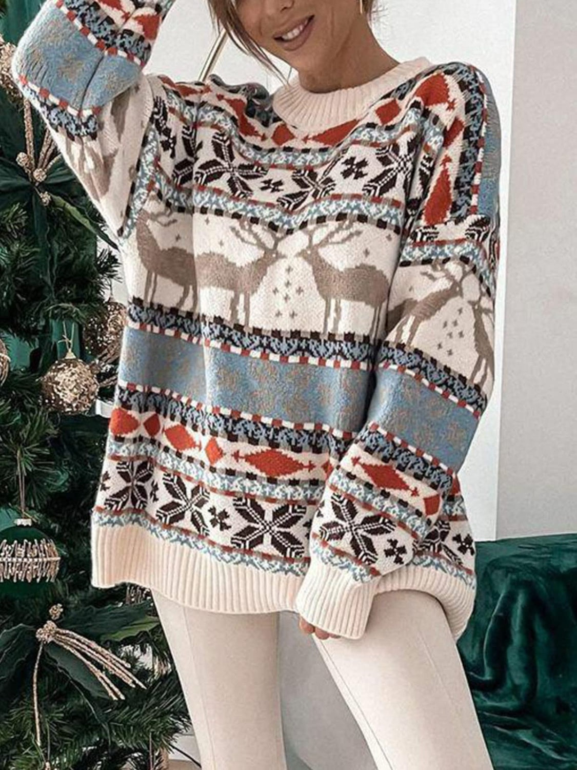 Geometric Round Neck Dropped Shoulder Sweater 