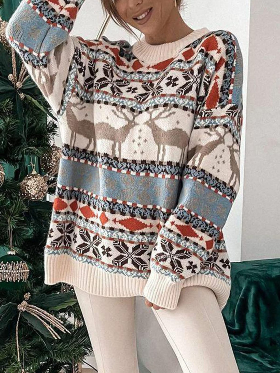 Geometric Round Neck Dropped Shoulder Sweater 