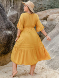 Plus Size Notched Tie Waist Half Sleeve Midi Dress 
