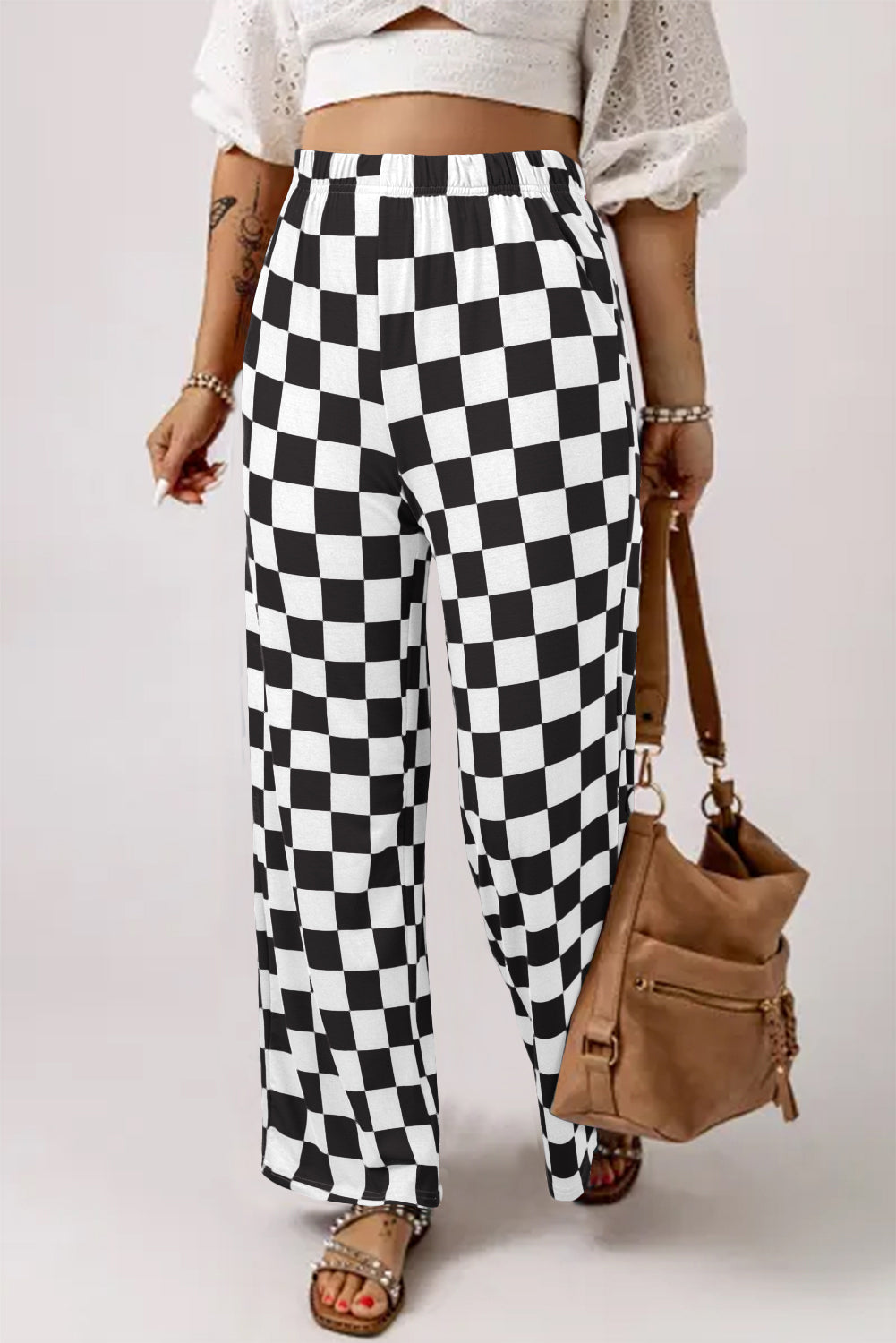 Black 2-Tone Checked Print High Waist Wide Leg Pants Bottoms/Pants & Culotte