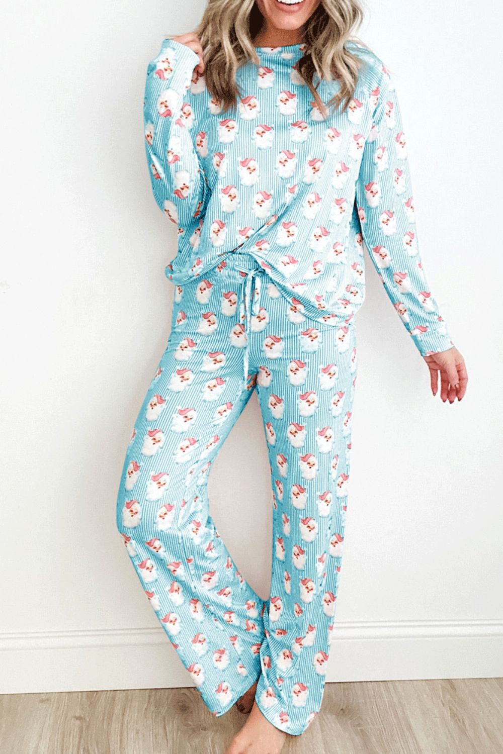 Santa Print Long Sleeve Top and Pants Lounge Set 