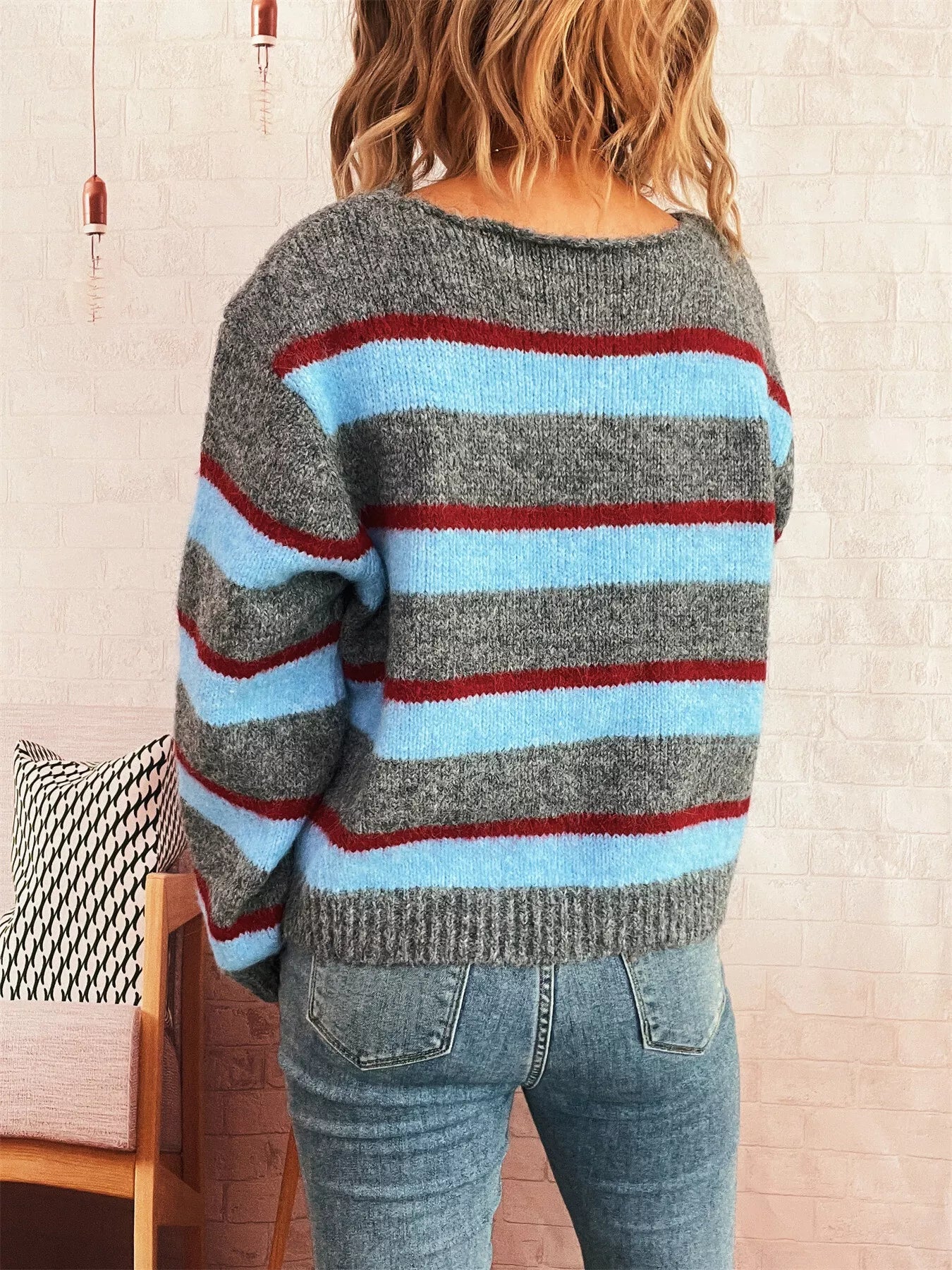 Striped Round Neck Long Sleeve Sweater 