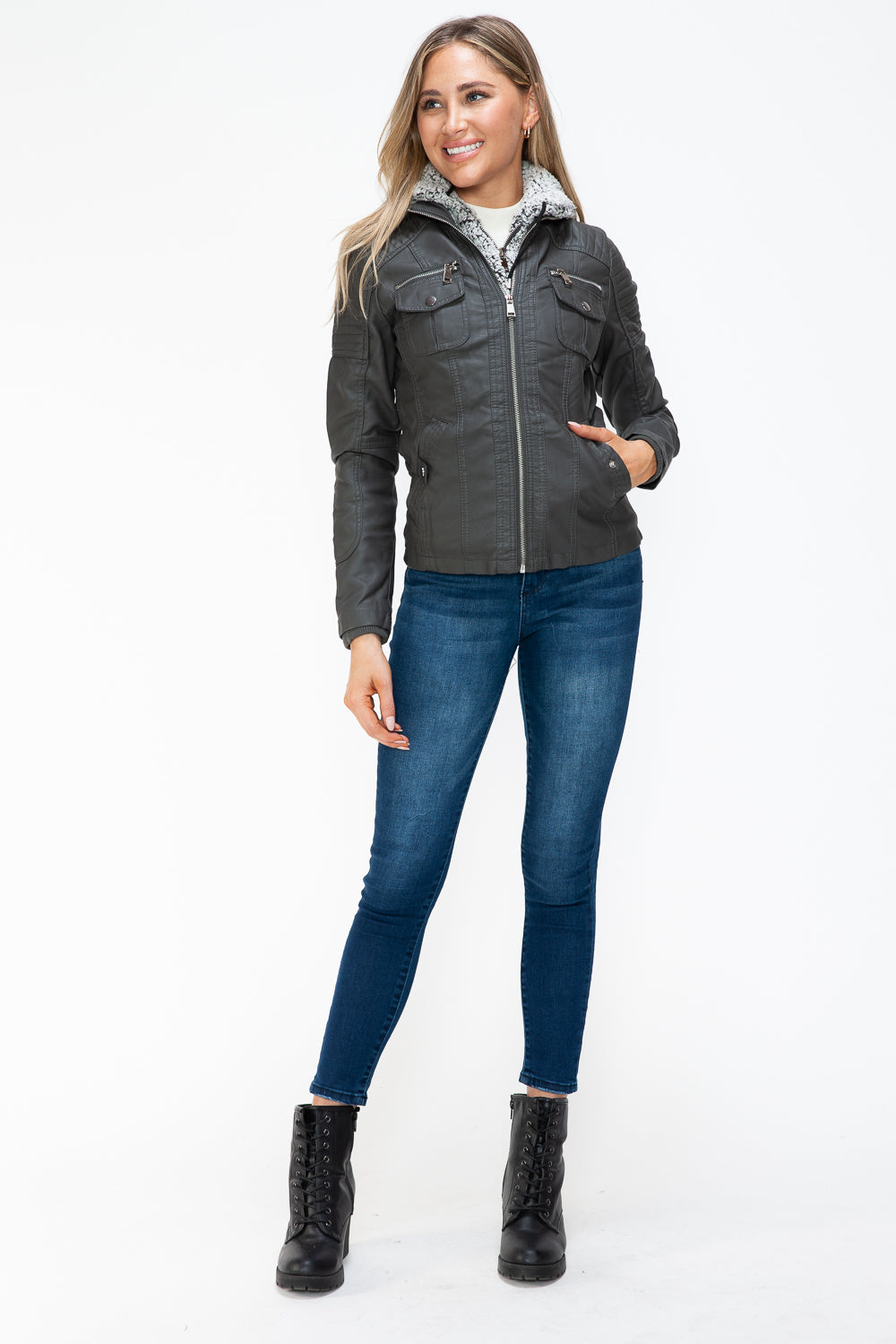 YMI Removable Faux Layered Multi-Pocket Jacket with Fuzzy Hood 