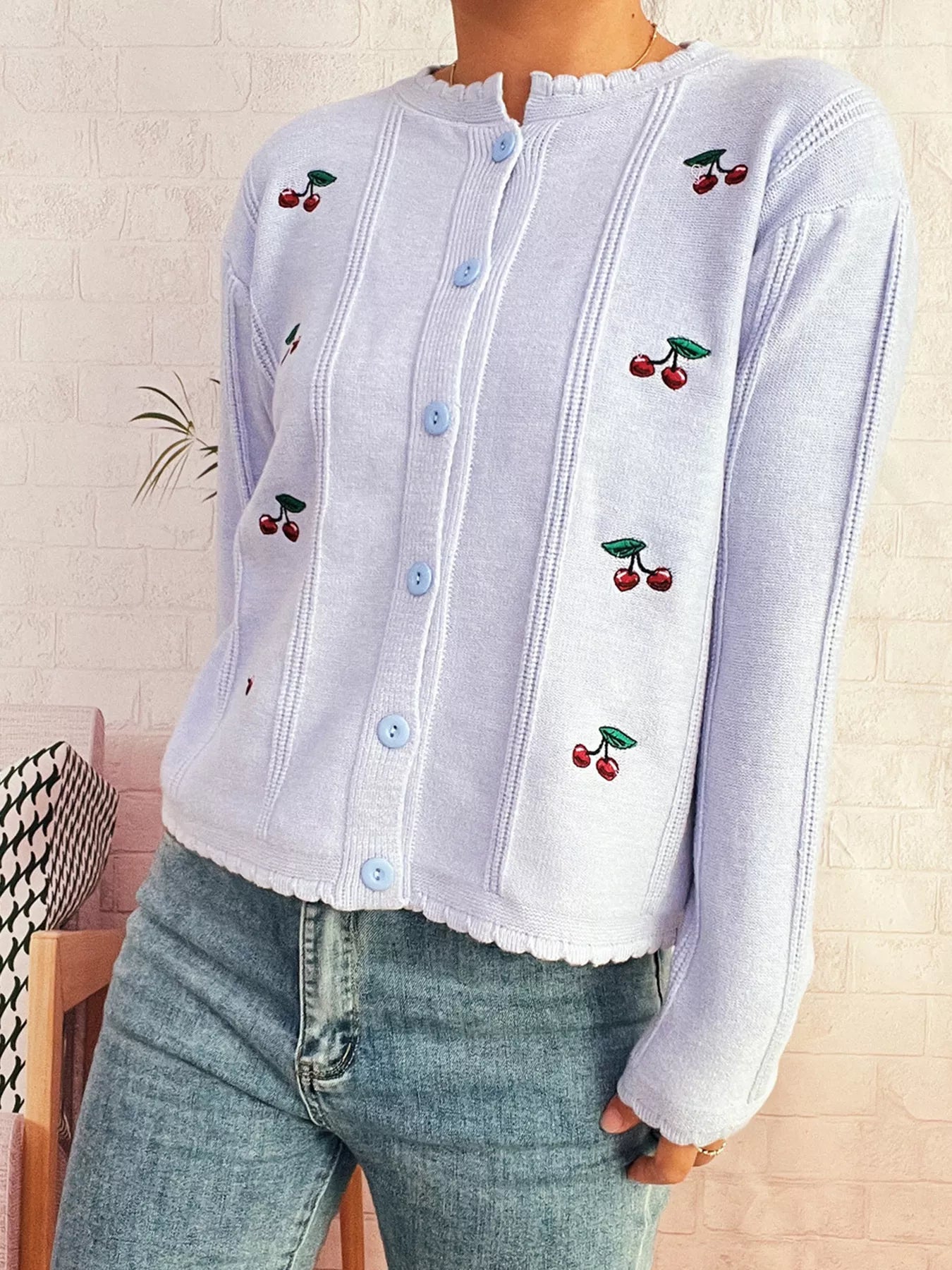 Cherry Embroidered Button Up Cardigan 