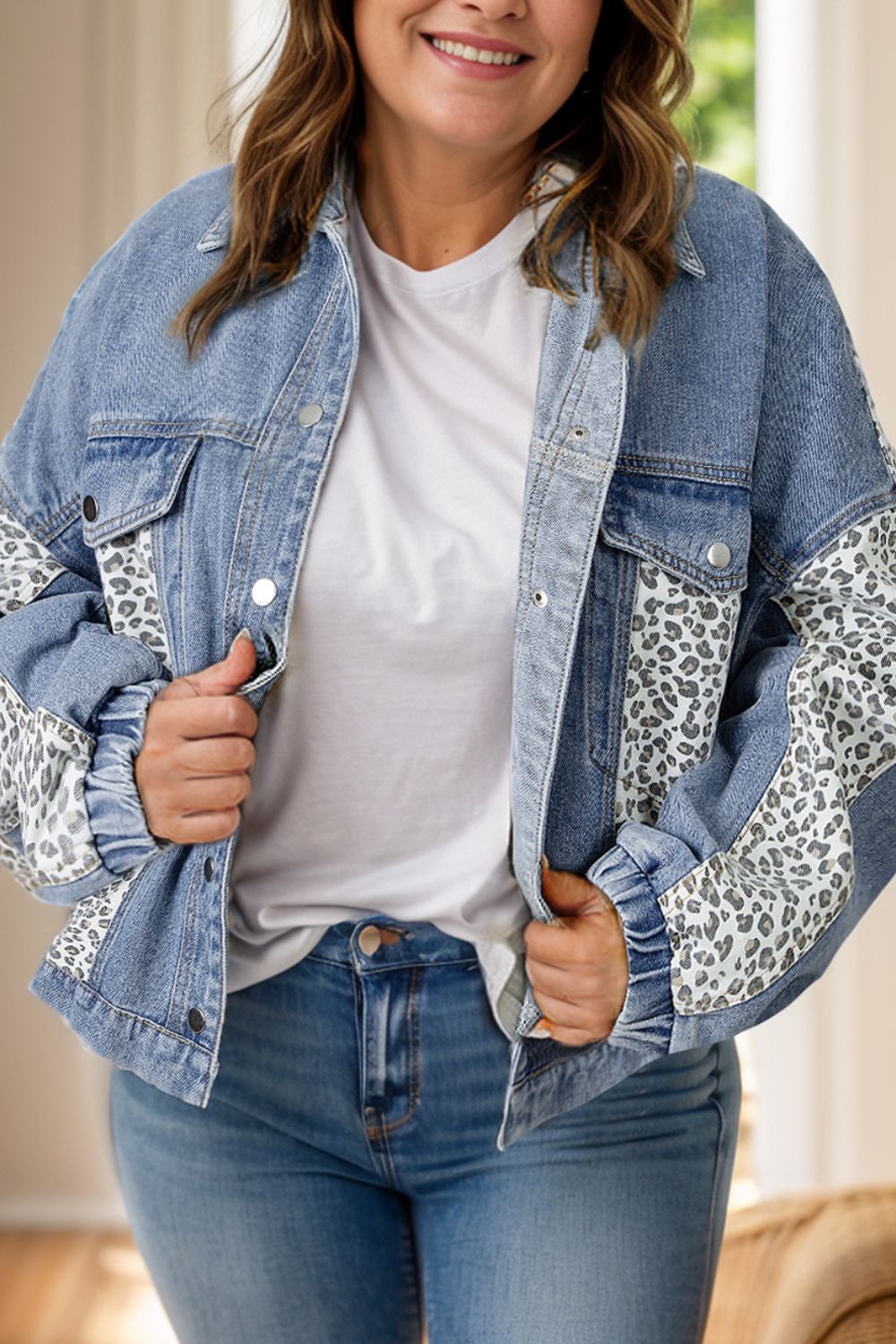 Plus Size Leopard Long Sleeve Denim Jacket 