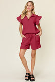 Double Take Full Size Texture Flounce Sleeve Top and Drawstring Shorts Set 