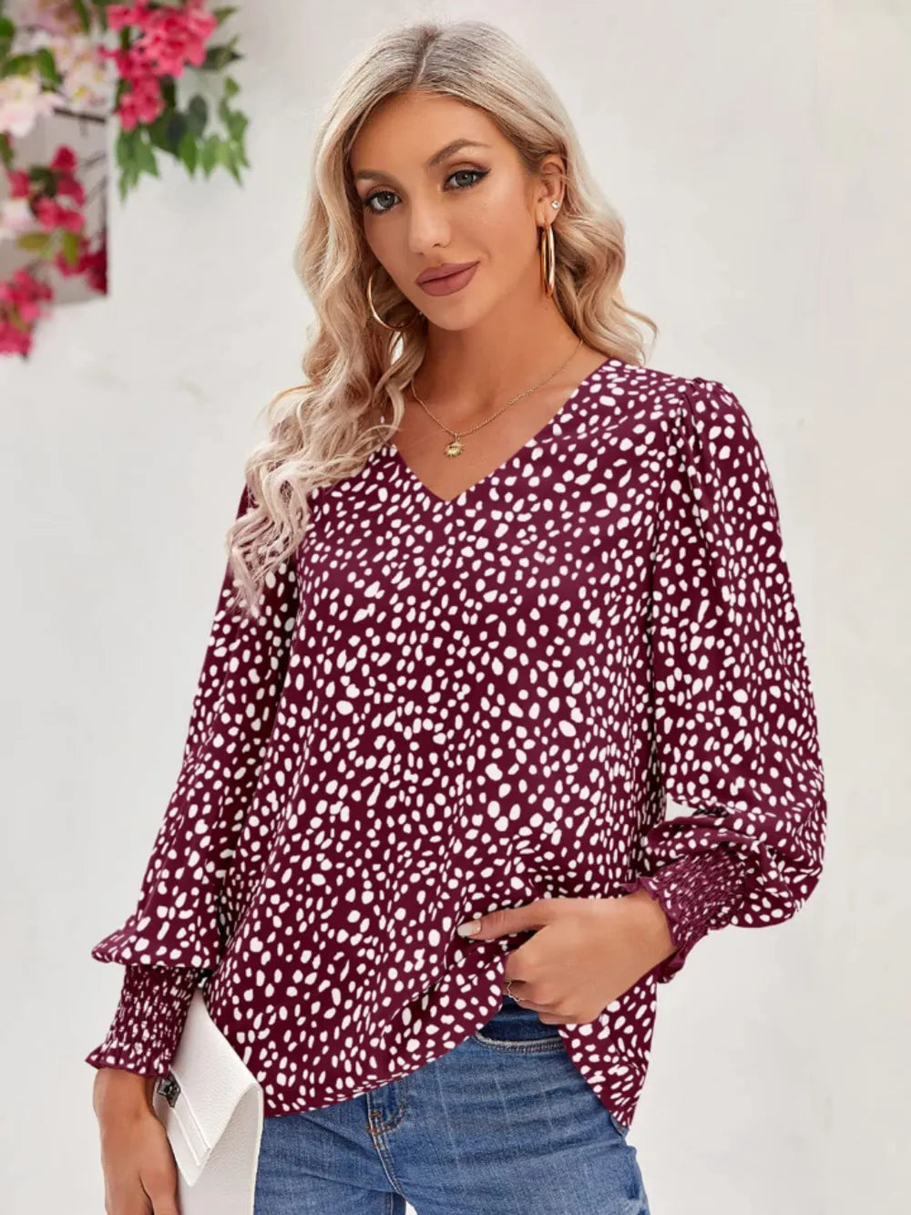 Printed V-Neck Lantern Sleeve Blouse 