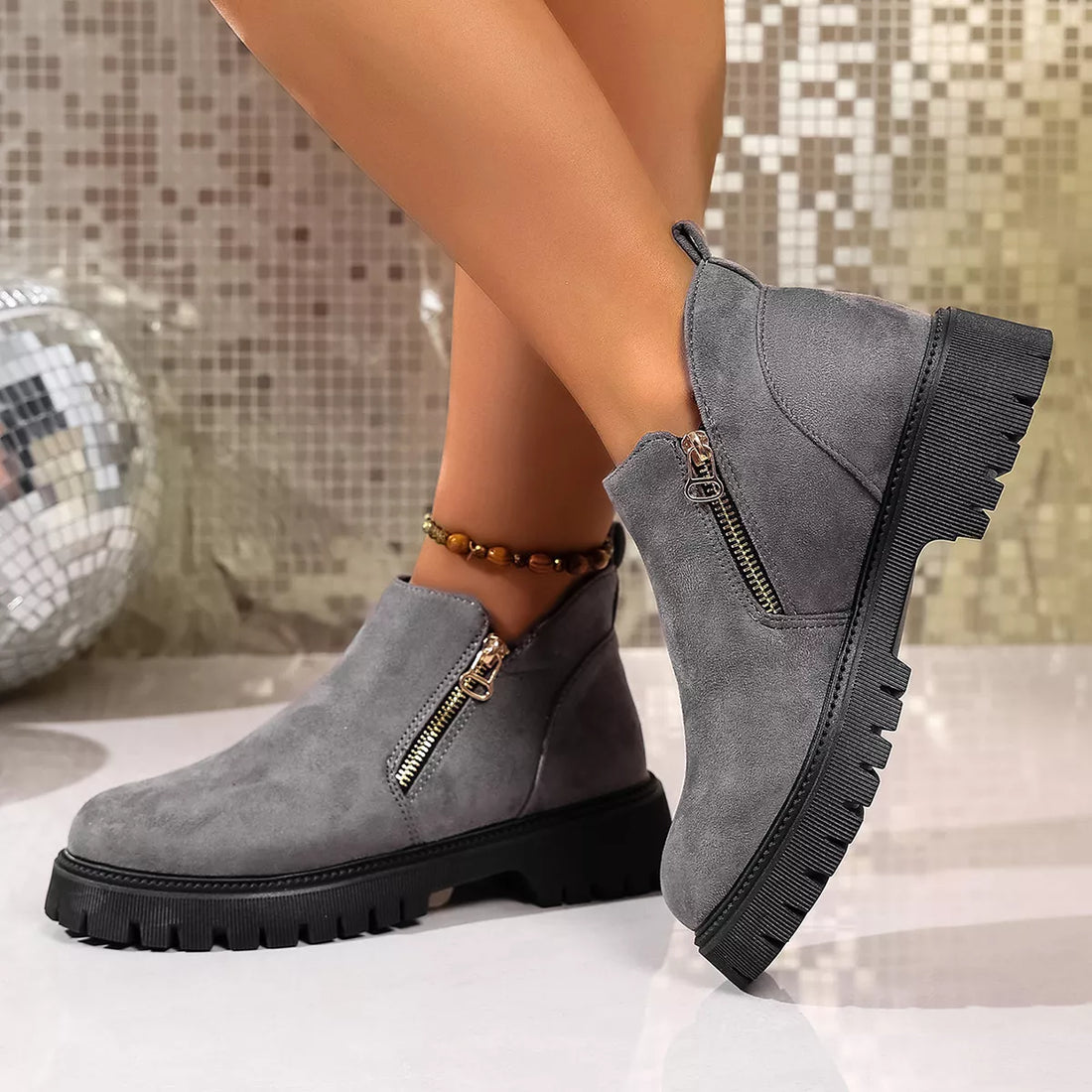 Round Toe Side Zip Ankle Boots 