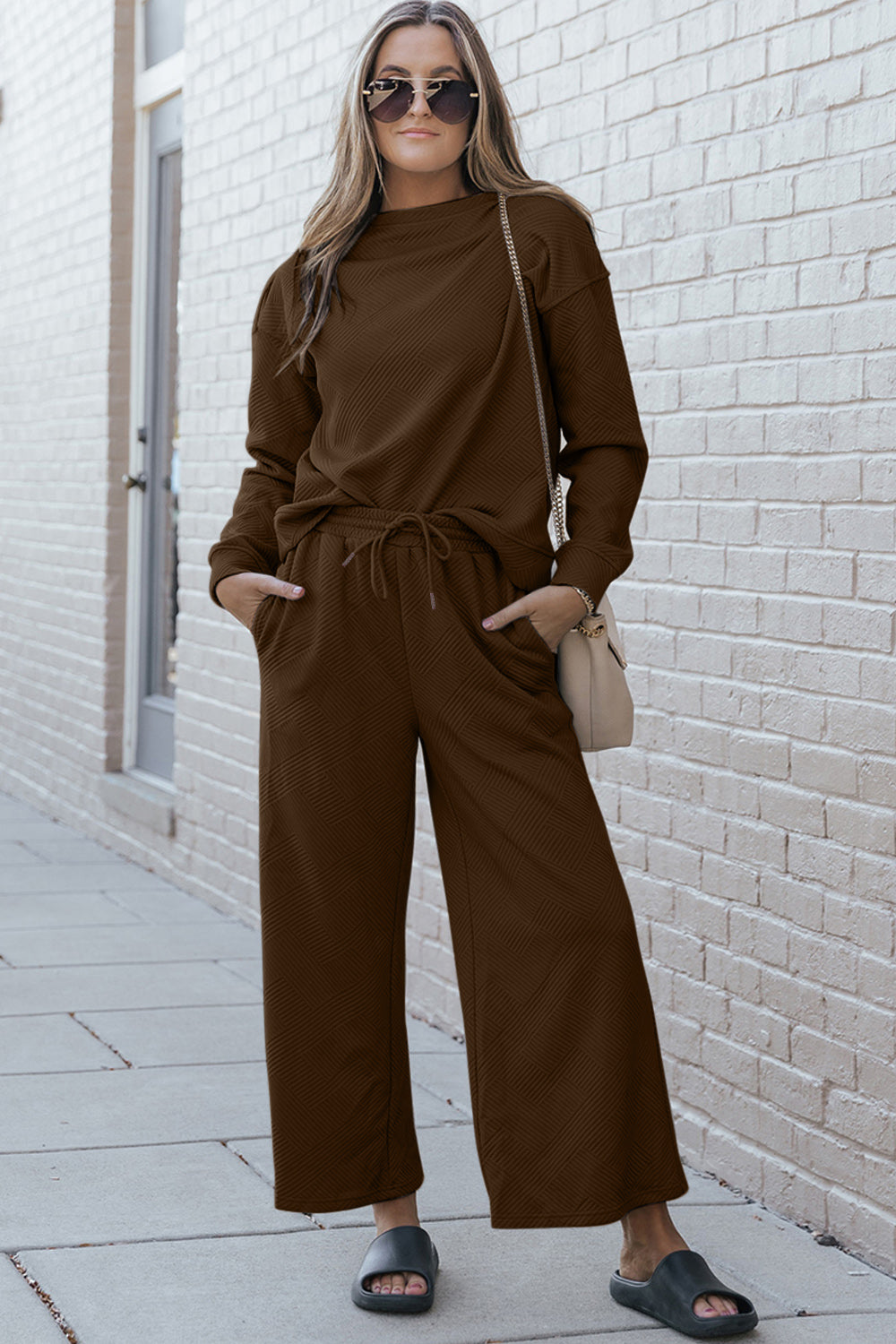 Double Take Full Size Textured Long Sleeve Top and Drawstring Pants Set 