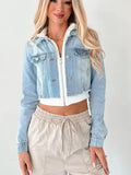 Distressed Zip Up Cropped Hooded Denim Jacket 