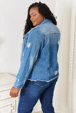 Baeful Leopard Floral Distressed Raw Hem Denim Jacket 