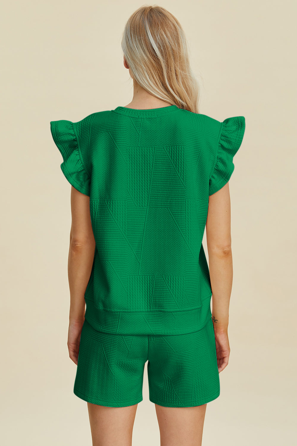 Double Take Full Size Texture Round Neck Ruffle Sleeve Top and Shorts Set 