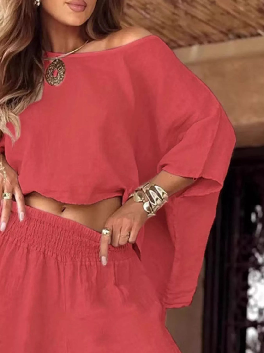 Full Size Boat Neck Top and Wide Leg Pants Set Plus Size Two Piece Dresses