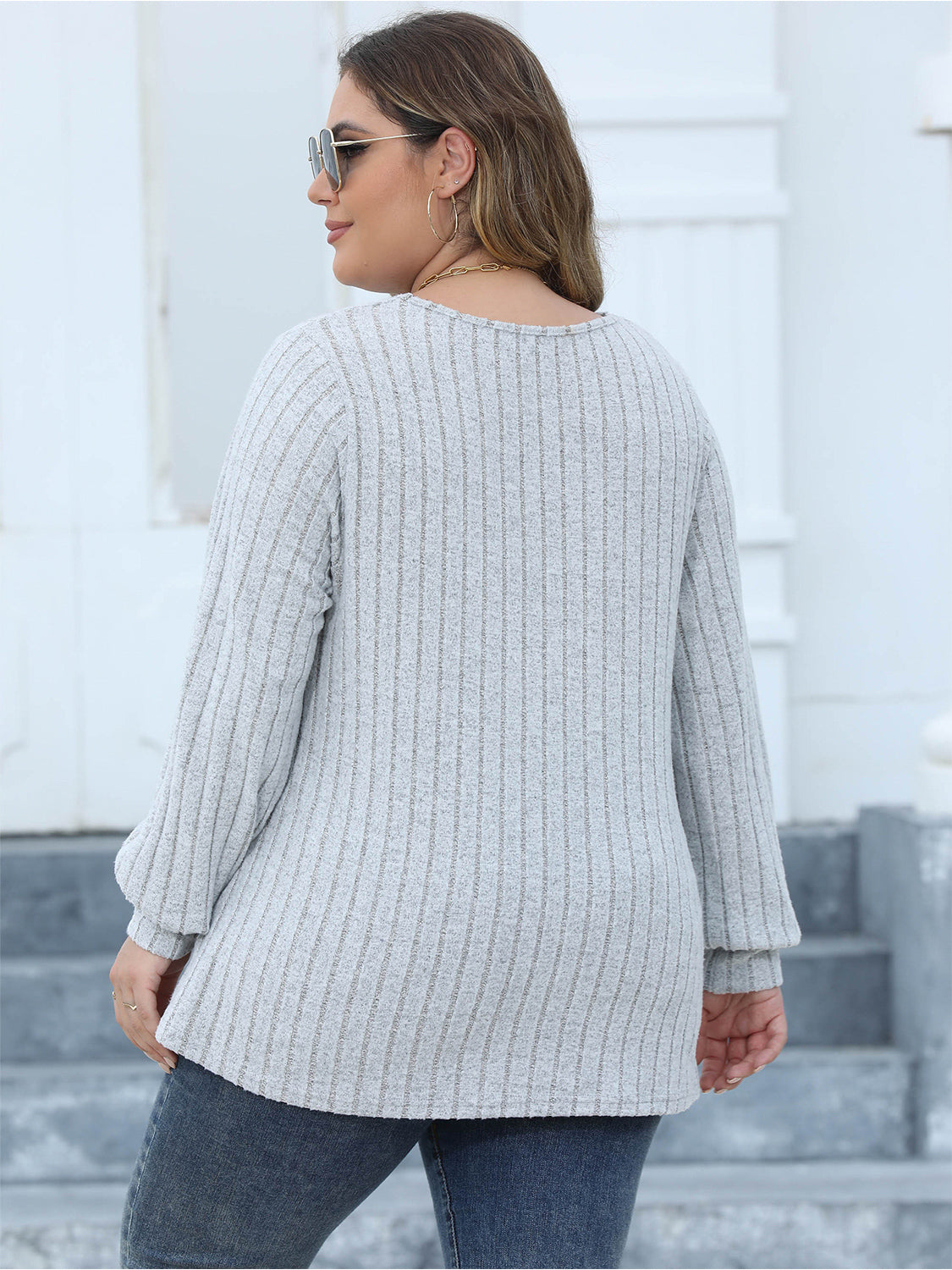Plus Size Ribbed V-Neck Long Sleeve Top 
