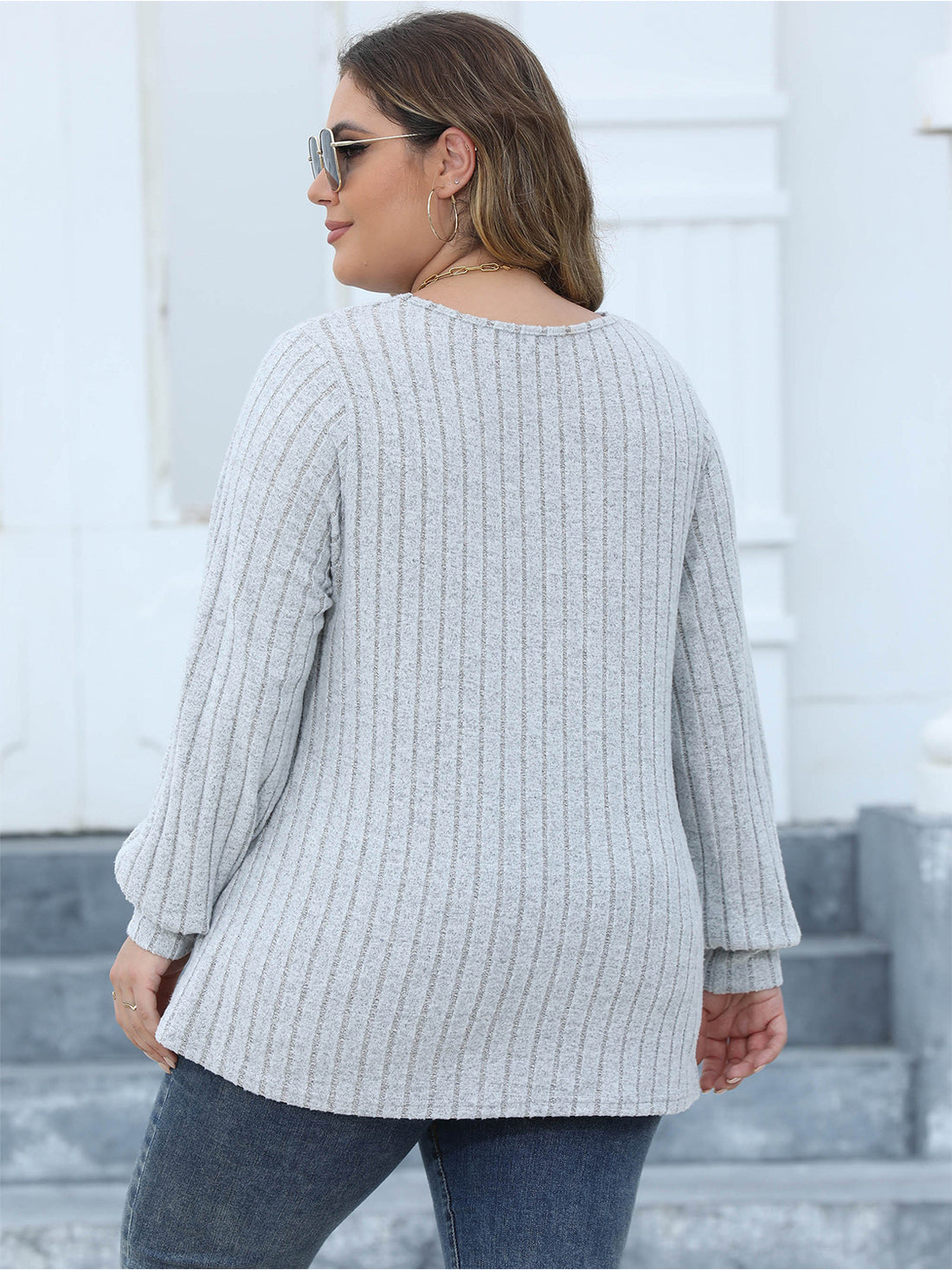 Plus Size Ribbed V-Neck Long Sleeve Top 