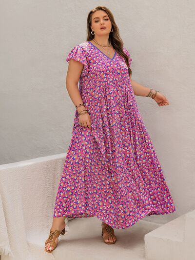 Plus Size Printed V-Neck Flutter Sleeve Tie Waist Maxi Dress Dresses